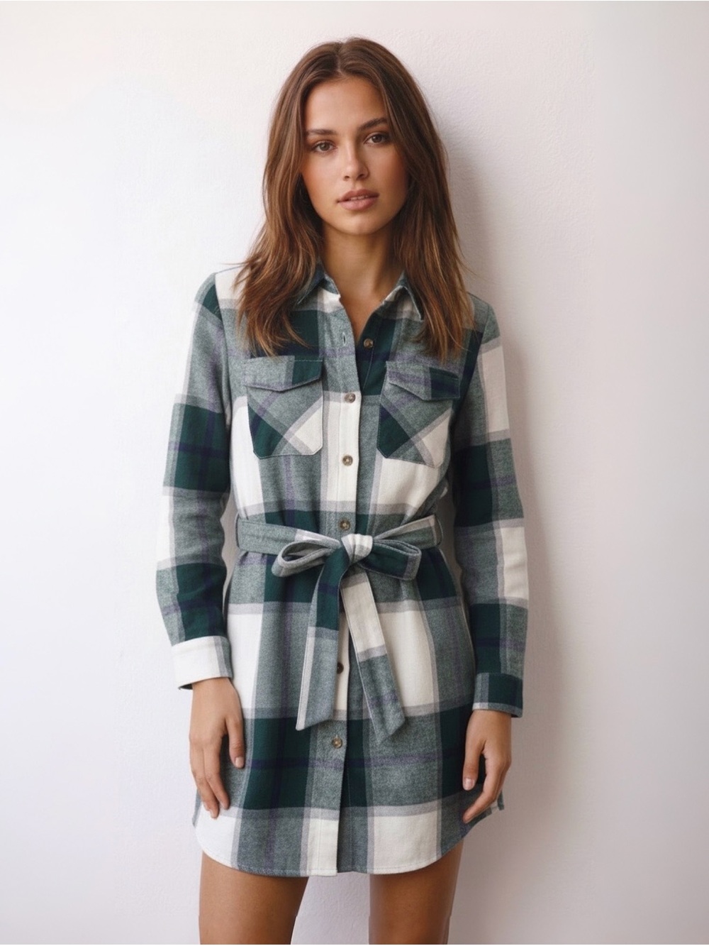 CUPSHE Green Plaid Long Sleeve Belted Mini Shirt Dress Size Small Cozy CabinCore